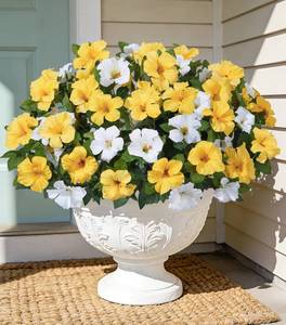 lot 11273 image: HyeFlora Artificial Flowers for Outdoors 4PCS Faux Petunias Silk Fake Flowers for Outside Planter UV Resistant Realistic Home Garden Porch Decor (Yellow 4branches)