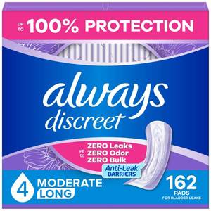 lot 11281 image: Always Discreet Adult Incontinence Pads for Women, Drier, 4 Drop Long Length, Moderate Absorbency, Pads for Bladder Control Management, Bladder Leaks, & Postpartum Pads, 162ct