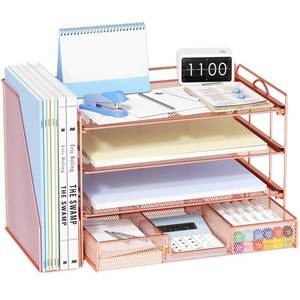 lot 11305 image: OPNICE Desk Organizers and Accessories, 4-Tier Paper Letter Tray Organizer with Removable File Holder  Drawer, Office Desktop Workspace File Organizer for Office Supplies Desk Accessories (Rose Gold)