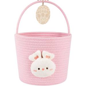 lot 11313 image: OIAHOMY Gift Basket with Handle, 9.8 x 7.9 x 7.9, Personalized Baby Basket for Kids, Woven Rope Gift Empty for Toys, Baby Treasure Hunt Baskets with Wooden Card for Boys and Girls - Pink
