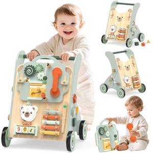 lot 11316 image: WOODMAM Wooden Baby Walker, Adjustable Speed Baby Push Walker for 1 Year Old, 10-in-1 Montessori Walker for Boys & Girls, Toddler Sit-to-Stand Learning Toy with Detachable Busy Board