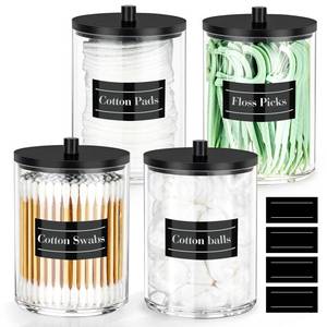 lot 11321 image: 4 Pack 10 oz Acrylic Qtip Holder with Labels Dispenser- Bathroom Small Clear Plastic Canister Apothecary Jar Set Essentials Accessories Decor, Vanity Storage Organizer