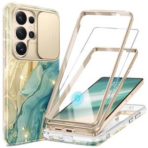 lot 12199 image: GVIEWIN for Samsung Galaxy S26 Ultra Case, Slide Camera Cover & Built-in HD Screen Protector 2 Front Frames Shockproof Military Grade Protective Marble Phone Case S26 Ultra 6.9 (GlazeGreen)