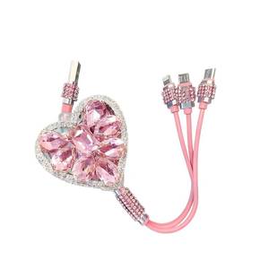 lot 12224 image: Teybouk Multi Charging Cable, 3 in 1 Retractable Love Rhinestone Cable, Portable Fast Charging Cord, Universal for Most Cars, Trucks, SUVs (Pink)