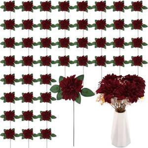 lot 12251 image: XunYee 50 Pack Artificial Wedding Dahlia Flowers Bulk Silk Dahlias with Stems and Green Leaves Fake Flora Decoration Faux Bouquets for DIY Bridal Shower Wedding Party(Burgundy)