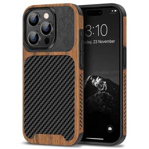 lot 12265 image: TENDLIN Compatible with iPhone 15 Pro Max Case Wood Grain with Carbon Fiber Texture Design Leather Hybrid Slim Case (Black)
