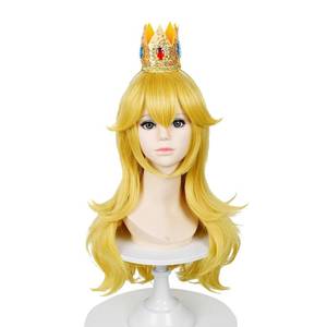 lot 12268 image: LABEAUT� Blonde Princess Wig with Crown  Brooch  Ear Clip  Wig Cap,5 Peice Set of Golden Long Wavy Peach Cosplay Wig Costume for Halloween Party (Yellow Peach Child)