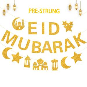 lot 12270 image: Glitter Eid Mubarak Banner with Gold Moon Star Eid Hanging for Islam Party Decorations No DIY Required