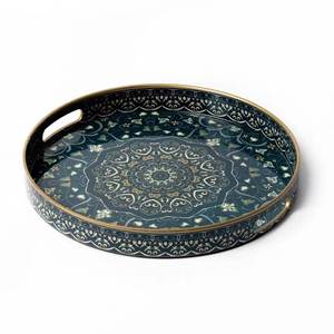 lot 13508 image: Fuukou Round Serving Tray with Handles - Large Round Ottoman Tray Coffee Table Tray,Plastic Decorative Serving Trays for Coffee Table,Round Boho Tray for Ottoman Living Room