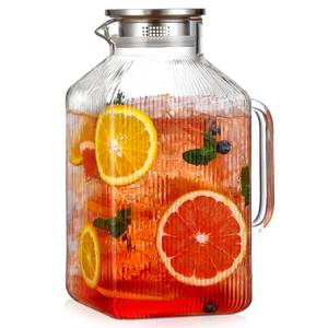 lot 13516 image: 1 Gallon thickened Square Glass Pitcher with Lid, Classic Stripes Water Pitchers for Fridge, Borosilicate Glass Carafe for HotCold Brew Drink, Extra Large Jug with Handle for Iced Tea, Coffee, Juice