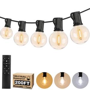 lot 13519 image: 200FT LED Outdoor String Lights with 3 Color Lights, Dimmable String Lights for Outside with Remote, G40 Globe Waterproof Patio Lights with 100 Shatterproof Bulbs for Party Backyard BBQ House Camping