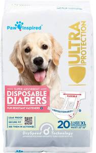 lot 13525 image: Paw Inspired 20ct Disposable Dog Diapers  Female Dog Diapers Ultra Protection  Diapers for Dogs in Heat, Excitable Urination, or Incontinence (X-Large)