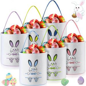 lot 13526 image: Talltalk 6 Pieces Easter Bunny Basket Bulk for Kids Canvas Rabbit Egg Print Bucket Tote Bags for Boys Girls Gifts Egg Hunts Decorations Favors Carry Candy Storage