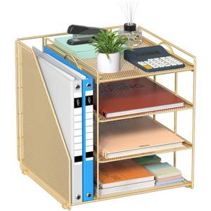 lot 13532 image: Becomrock Gold Desk Organizer, 4-Tier Metal Paper Organizer for Desk with Vertical File Holder, Office Accessories and Desktop Storage for Office Supplies (Gold)