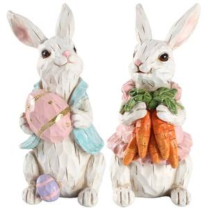 lot 14053 image: GoGnome Easter Bunny Figurines Set of 2 - Hand-Painted Resin Rabbit Decorations with Carrots and Easter Egg (White)