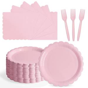 lot 14059 image: Tyzarglef 105PCS Paper Plates and Napkins Set, 7 Inch Scalloped Disposable Tableware with Forks for Birthdays, Garden Parties & Outdoor Events, Serves 35 (Light Pink)
