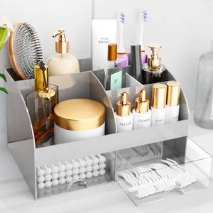lot 14082 image: Makeup Organizer with Drawers, Cosmetic Storage for Dresser Vanity and Bathroom Countertop, Beauty Holder for Lipstick Brush, Skincare Organizer for Vanity, Cosmetic Display Case (Grey)