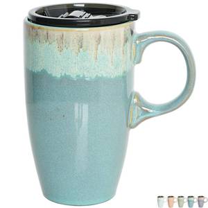 lot 14088 image: Bosmarlin Ceramic Travel Coffee Mug with Handle and Lid, 18 oz, Portable Coffee Cup for Car Cup Holder, Microwave and Dishwasher Safe, Reactive Glaze (Peacock Blue)