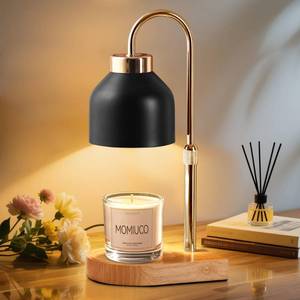 lot 14094 image: MOMIUCO Candle Warmer Lamp with Timer and Dimmer, Height Adjustable Wax Melt Warmer for Jar Candles, Modern Retro Black Glass Shade with Wood Base, Aesthetic Home Decor, Birthday Gifts for Women Mom