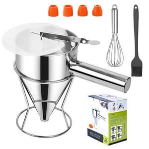 lot 14111 image: Pancake Batter Dispenser,40oz Stainless Steel Funnel Cake Dispenser,with Lids,Stand,4 Silicone Nozzles,Brush,Egg Beater,Easy Control Batter Dispenser for Pancakes,Cupcakes, Funnel Cakes,Muffins & More