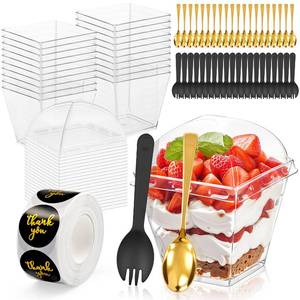 lot 14120 image: SEIION 20 Pack 3oz Mini Dessert Cups with Lids, Spoons & Forks Clear Plastic Parfait Cups for Jello, Mousse, Yogurt, Pudding Disposable or Reusable Appetizer Cups