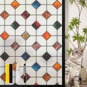 lot 14127 image: DKTIE Stained Glass Window Film Geometric Patterns, Fine Frosted Window Clings for Glass Windows, Waterproof for Bathroom Window Privacy Film Day and Night (S533, 17.7in X 78.7in)