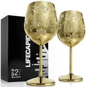 lot 14134 image: Lifecapido Stainless Steel Wine Glasses Set of 2, 18oz Etched Gold Wine Goblets, Unique Wine Glasses with Intricate Baroque Engravings for Party Wedding Anniversary