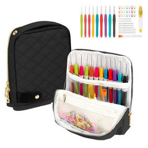 lot 14148 image: BAGCRAZY Stand-Up Crochet Hook Case Organizer, Travel Craft Holder with Phone Pocket, Quilted Bag with 9 Hooks, Needles & Scissors, Gift for Crochet Lovers �� Black