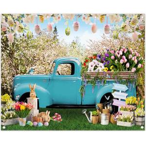 lot 14151 image: ZTHMOE 10x8ft Fabric Spring Easter Photography Backdrop Blue Truck Colorful Eggs Flowers Rabbit Background Tulip Floral Forest Photo Tapestry Booth Props