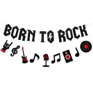 lot 14159 image: Mosailles Born to Rock Glitter Banner with Music Note Garland �� 1950s Roll Party Decorations, Music Theme Birthday Party Supplies, Party Favors & Record Wall Decor