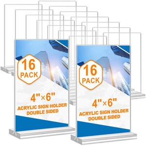 lot 14173 image: DunGu Acrylic Sign Holder 4x6, 16 Pack Clear Double Sided Clear Table Menu Vertical Display Stand Desktop Display Stand Paper Holder Table Sign Holder Suitable for Restaurants Office Store Show Fair