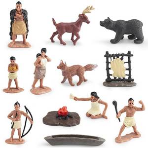 lot 14177 image: Tribal Scene Figurines, 12pcs Simulated Powa Native American Model Set Primitive Lifestyle Set Campfire Chief Powatan Warrior Primitive Man Miniature Sand Decorations