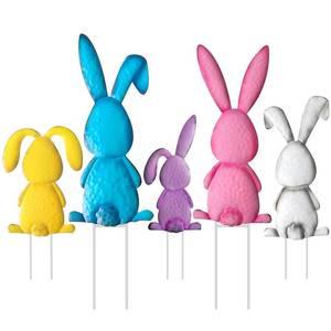 lot 14183 image: Outdoor Easter Yards Signs Decorations, 5 Pack Metal Bunny Signs with Stakes, Cute Easter Bunny Yard Decorations for Front Door Lawn Patio Garden Outside