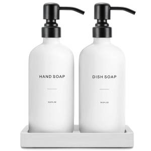 lot 15427 image: Prus Waso Kitchen Soap Dispenser Set, White Soap Dispenser with Black Stainless Steel Pump, Perfect for Modern Kitchen Decor. (White)