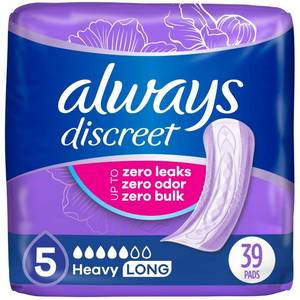 lot 15442 image: Always Discreet Adult Incontinence Pads for Women, Drier, 5 Drop Long Length, Heavy Absorbency, Pads for Bladder Control Management, Bladder Leaks, & Postpartum Pads, 39ct