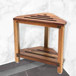 lot 15465 image: IBosins Corner Shower Stool with Storage Shelf Shower Foot Rest for Shaving Legs Small Bench for Inside Shower to Sit on Bath Seat - Acacia Wood