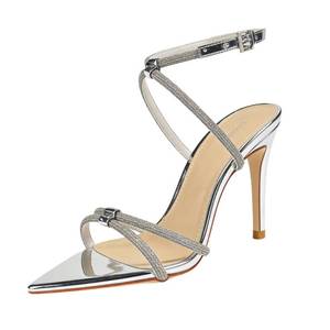 lot 15482 image: Womens Strappy Stiletto Sandals, Rose Gold Metallic, Glitter Straps, Pointed Toe, Ankle Strap (Silver, Adult, Women, 8.5, Numeric, US Footwear Size System, Medium)