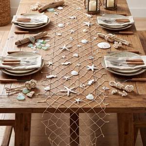 lot 16160 image: LemonRoad 13 x 72 Inch Nautical Fish Net Table Runner Fish Net Decoration with 34 Pcs Starfish Seahorse and Seashells for DIY Assembly for Ocean Nautical Beach Themed Party Decor(White)