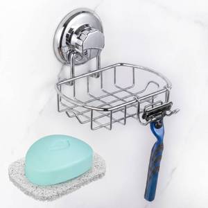 lot 16164 image: HASKO Suction Soap Dish with Hooks  Powerful Vacuum Suction Cup Soap Holder  Soap Basket Holder for Bathroom & Kitchen (Polished Stainless Steel SS304)