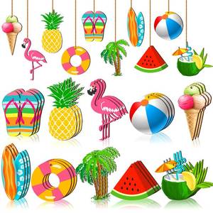 lot 16197 image: Chunful 30 Pieces Summer Tree Ornaments Christmas in July Wood Hanging Decoration Beach Wooden Slices Winter Tree Ornaments with String for Luau Hawaiian Party Supplies (Cute Style)
