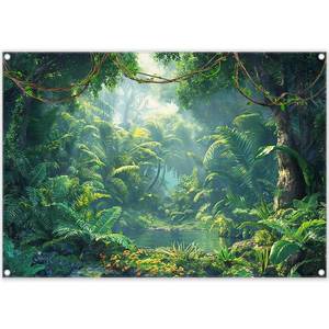 lot 16202 image: ZTHMOE Fabric 7x5ft Jungle Forest Photography Backdrop Rainforest Tropical Natural Scenery River Background Summer Adventure Party Decorations Photo Banner Props