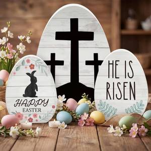 lot 16207 image: Threan 3 Pcs Easter Table Decoration Easter Egg Table Wooden Signs Christian Tabletop Centerpiece Religious Decorations for Home Dining Room Party Office Decor