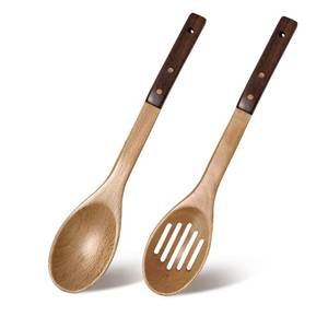 lot 16210 image: Walnut and Beech Wood Cooking Spoon Set Solid Slotted Kitchen Spoon 13in Long Utensils for Mixing Serving Stirring Frying Draining Large Spoon Set 2PCS