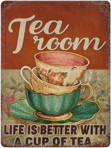 lot 16217 image: Tea Room - Retro Plaque Metal Tin Sign Wall Decor Art Sign for Garden Farmhouse Bathroom Home 12 x 8 Inch,de14bB135