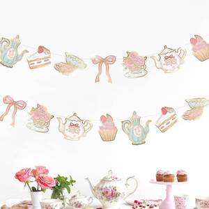 lot 16220 image: Cheerland Tea Party Banner Double Sided Floral Vintage Tea Party Decorations Backdrop Hanging Teapot Teacup Cutouts Paper Garland for Bridal Shower Baby Shower Garden Birthday High Partea Decor 2 Pcs