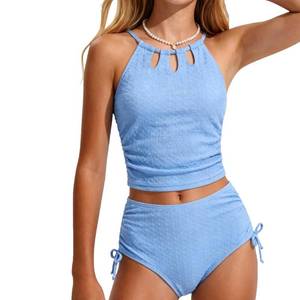 lot 16222 image: Girls 2 Piece Tankini Set, Adjustable Halter Straps High Waisted Bathing Suit with Removable Chest Pad, Chlorine Resistant Quick Dry 3D Textured Teen Swimwear Blue 15-16Y