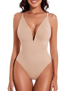 lot 16230 image: LIRASDIS Deep V Backless Shapewear Bodysuit Tummy Control with Adjustable & Detachable Straps for Women Seamless Body Shaper Thong Full Body Suit (Beige, M)