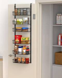 lot 16240 image: VyGrow 12.3 W Narrow Over the Door Pantry Organizer, 6-Tier Over the Door Organizer with Adjustable Basket, Pantry Door Organization for Pantry Kitchen Storage Room Spice Rack, Black