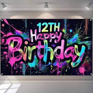 lot 16253 image: HOMETITUTE Neon 12th Happy Birthday Banner 71x43 Inch Paint Splatter Glow in The Dark Party Backdrop Colorful Wall Decor for Kids Boys Girls Twelfth Birthday Celebrations Photo Booth Props Event