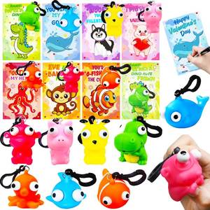 lot 16291 image: CAMIRUS 28PCS Valentines Day Cards with Popping Eyes Animal Squishy Fidget Toys, Cute Pop Out Eyes Squishies Keychains for School Classroom Valentines Exchange, Valentine Party Favors